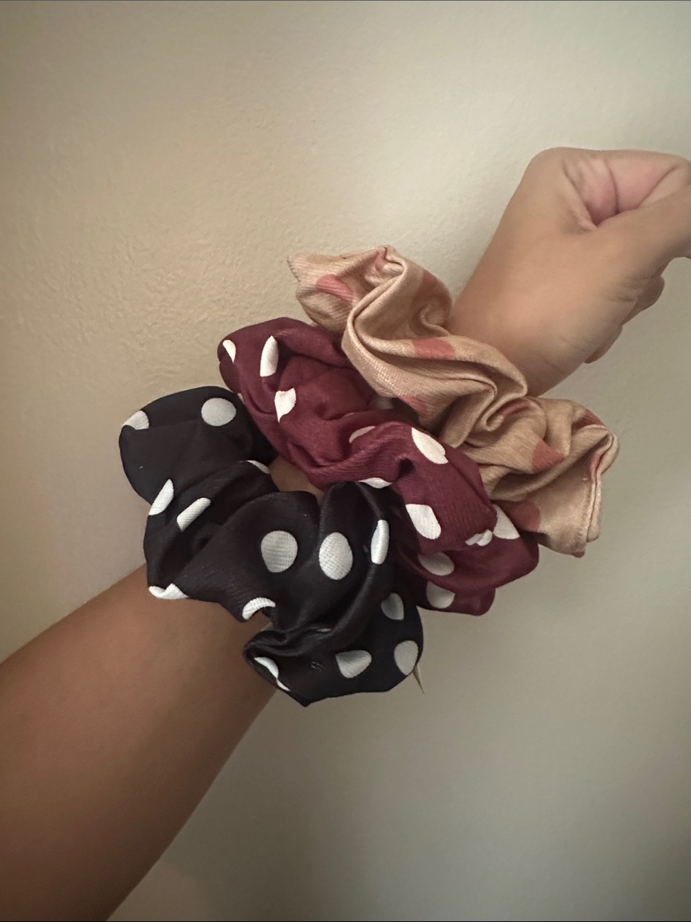 Set of 3 Polka Dot and Solid Scrunchies - Black, Burgundy, Champagne